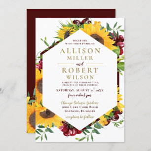 Watercolor Burgundy Sunflower Rustic Wedding Invitation
