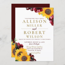 Watercolor Burgundy Sunflower Rustic Wedding Invitation