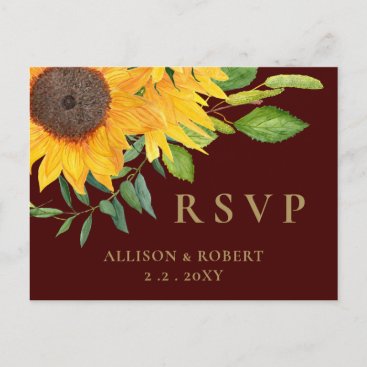 Watercolor Burgundy Sunflower Rustic Wedding Invitation Postcard