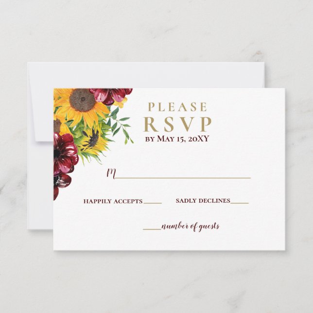 Watercolor Burgundy Sunflower Rustic Wedding RSVP Card (Front)