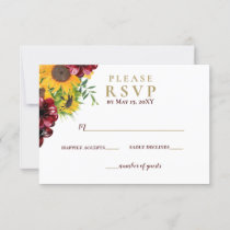 Watercolor Burgundy Sunflower Rustic Wedding RSVP Card
