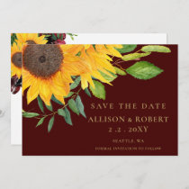 Watercolor Burgundy Sunflower Rustic Wedding Save The Date