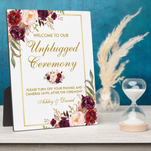 Watercolor Burgundy Wedding Unplugged Ceremony Plaque