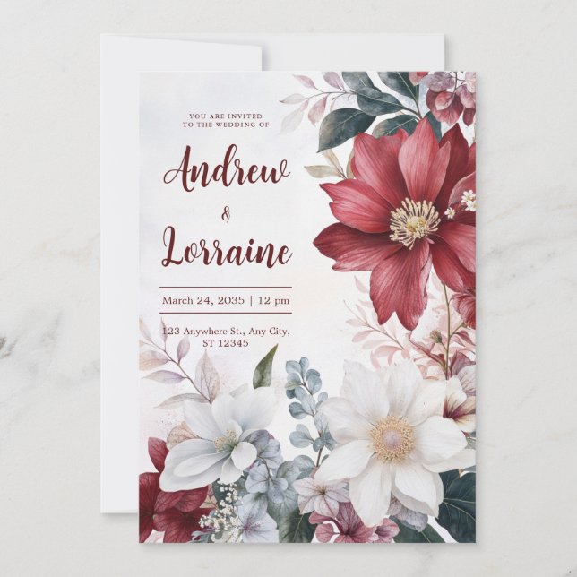 Watercolor Burgundy White Floral Fall Wedding Invitation (Front)