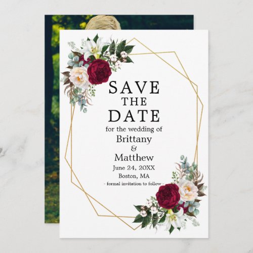 Watercolor Burgundy White Floral Geo Frame Photo Save The Date