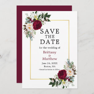 Watercolor Burgundy White Floral Gold Frame Save The Date