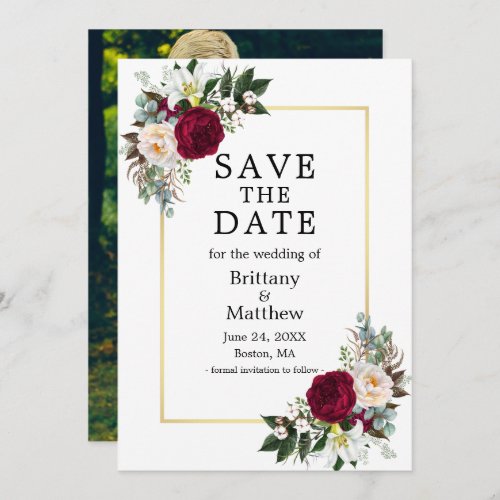 Watercolor Burgundy White Floral Photo Gold Save The Date