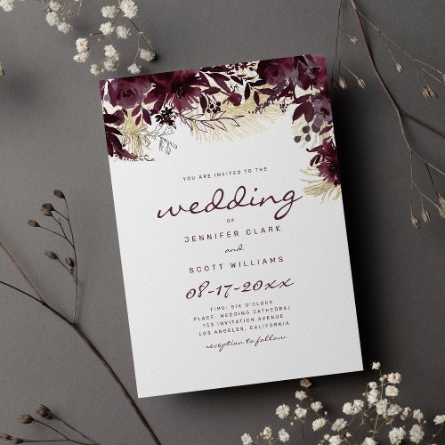 Watercolor burgundy white gold floral wedding invitation