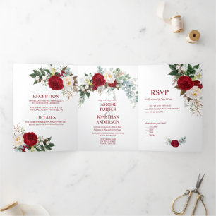 Watercolor Burgundy & White Roses, Lily, Greenery Tri-Fold Invitation