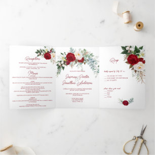Watercolor Burgundy & White Roses, Lily, W/Menu  T Tri-Fold Invitation