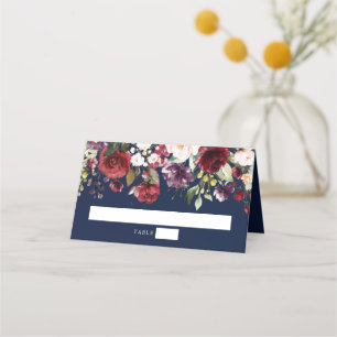 Watercolor Burgundy Wine Blush Floral Navy Place Card