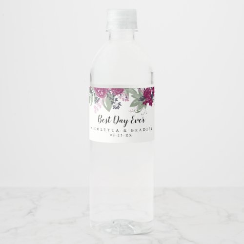Watercolor Burgundy Wine Floral Boho Wedding Water Bottle Label