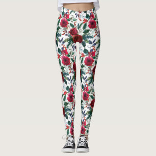 Watercolor Burgundy Winter Flowers Christmas Leggings