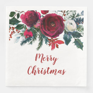 Watercolor Burgundy Winter Flowers Christmas Paper Dinner Napkins