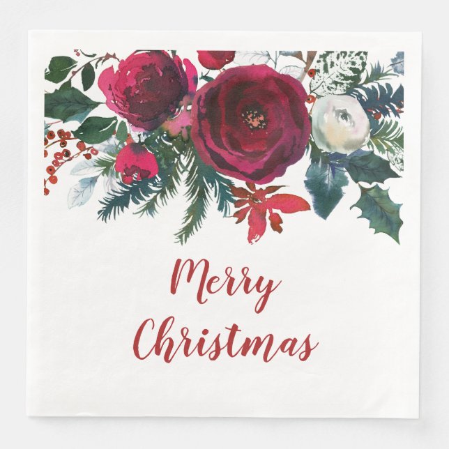 Watercolor Burgundy Winter Flowers Christmas Paper Dinner Napkins (Front)