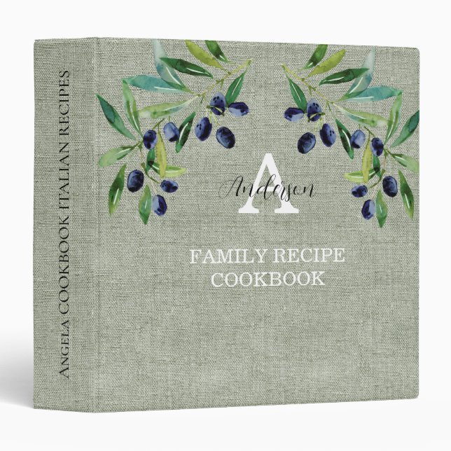 Watercolor burlap olive Recipe Cookbook 3 Ring Binder (Front/Spine)