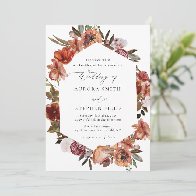 Watercolor Burnt Orange Florals Wedding  Invitation (Standing Front)