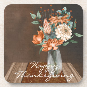 Watercolor Burnt Orange Flower Happy Thanksgiving Beverage Coaster