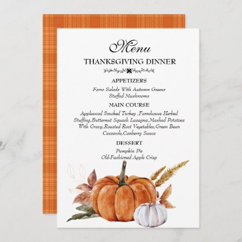 Watercolor Burnt Orange Pumpkin Thanksgiving  Menu