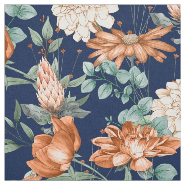 Watercolor Burnt Orange White Flower Pattern Fabric (Swatch)