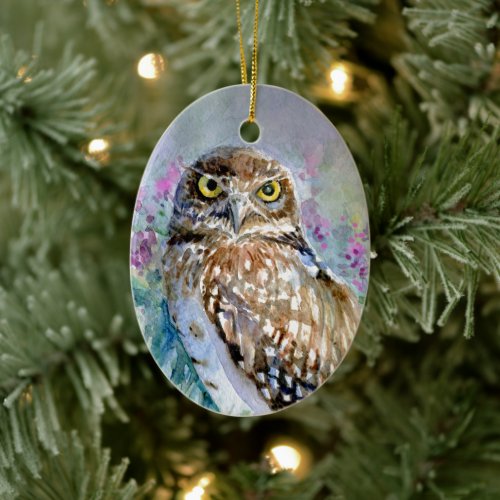 Watercolor Burrowing owl Athene cunicularia Ceramic Ornament