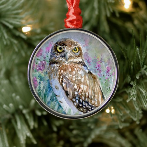 Watercolor Burrowing owl Athene cunicularia Metal Ornament