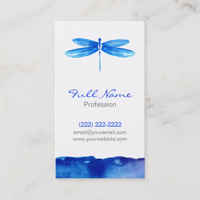 Watercolor Business Card, Blue Dragonfly Modern Business Card (Front)