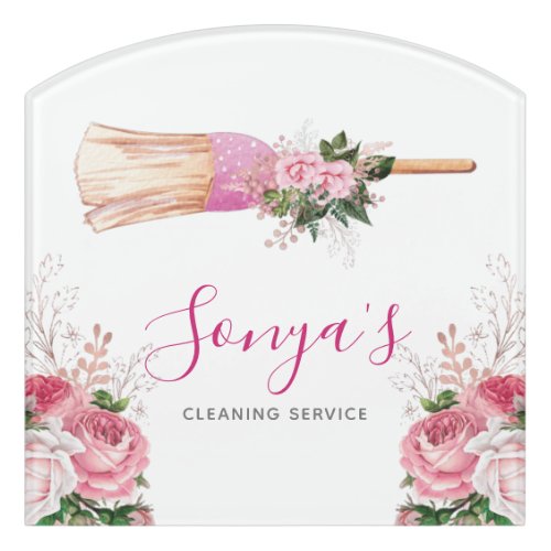 Watercolor Business Cleaning Service Pink Broom Door Sign