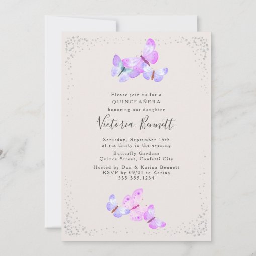 Watercolor Butterflies 4 Photo Quinceanera Invitation | Zazzle