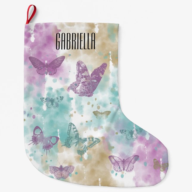 Watercolor Butterflies Abstract Personalized Large Christmas Stocking (Front)