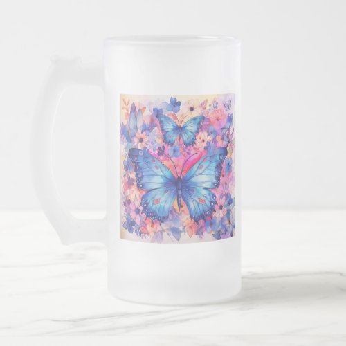 Watercolor Butterflies and Flowers Art Frosted Glass Beer Mug