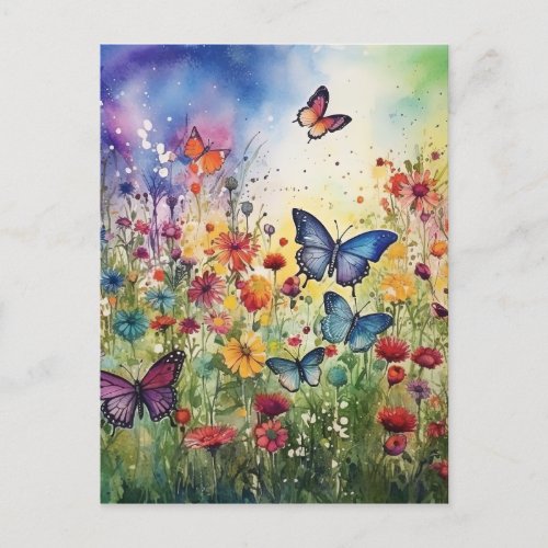 Watercolor Butterflies and Flowers Holiday Postcard