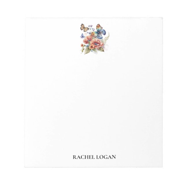 Watercolor Butterflies and Flowers Personalized Notepad (Front)