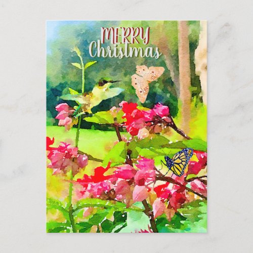 Watercolor Butterflies and Hummingbird Christmas Holiday Postcard