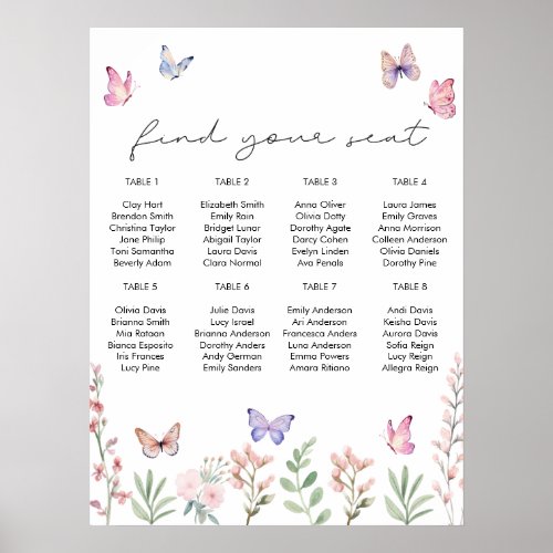Watercolor Butterflies Bridal Shower Seating Chart