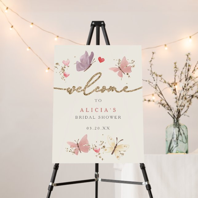 Watercolor Butterflies Bridal Shower Welcome Sign (In Situ (Stand))
