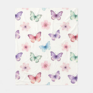 Watercolor Butterflies Cherry Blossoms Pattern Fleece Blanket