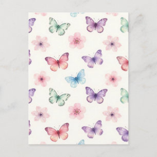 Watercolor Butterflies Cherry Blossoms Pattern Postcard