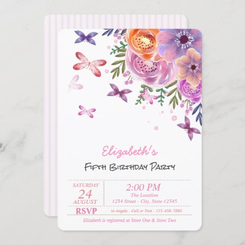 Watercolor Butterflies Floral Birthday  Invitation