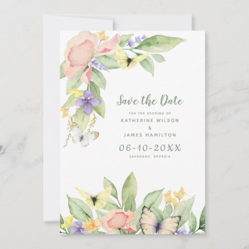Watercolor Butterflies Floral Elegant Sage Green Save The Date