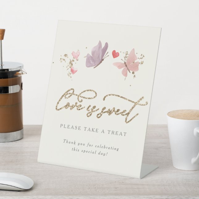 Watercolor Butterflies Love Is Sweet Bridal Shower Pedestal Sign (In SItu)