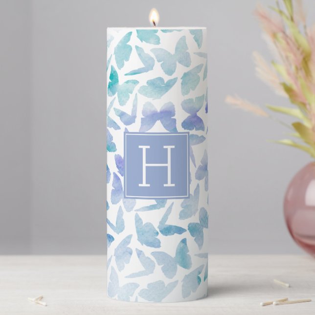 Watercolor Butterflies Monogrammed Pillar Candle (In Situ)