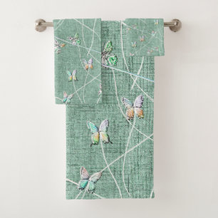 Watercolor Butterflies on Mint Green Bath Towel Set