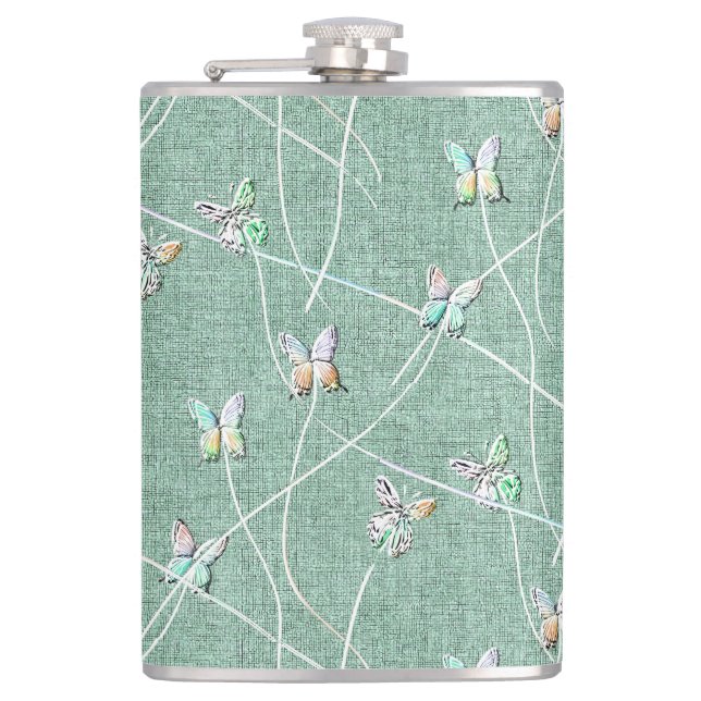 Watercolor  Butterflies on Mint Green  Flask (Front)