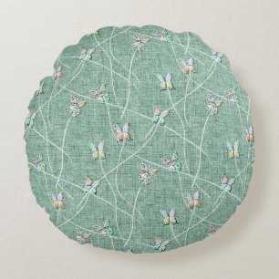 Watercolor  Butterflies on Mint Green  Round Pillow