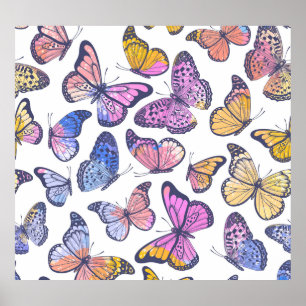 Watercolor Butterflies: Pastel Vintage Pattern. Poster