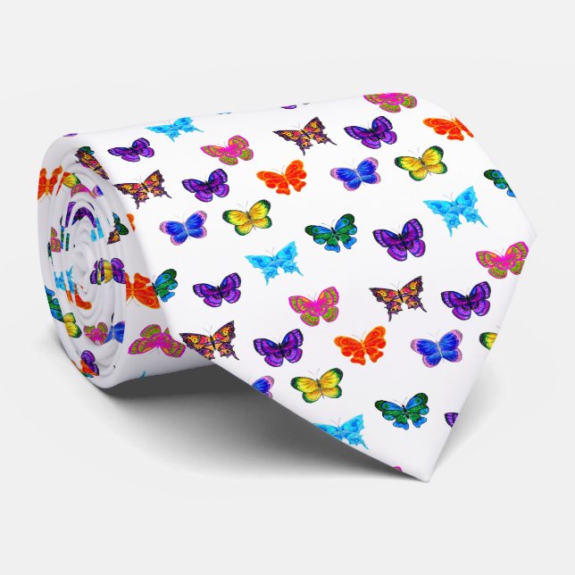 Watercolor Butterflies Pattern Neck Tie (Rolled)