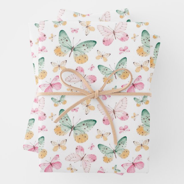 Watercolor Butterflies Pattern Wrapping Paper Sheets (In situ)