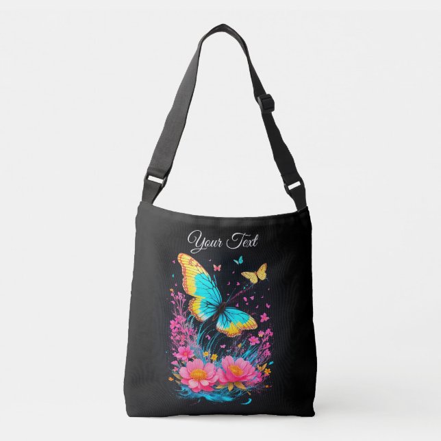 watercolor Butterflies pink flowers blue elegant Crossbody Bag (Front)