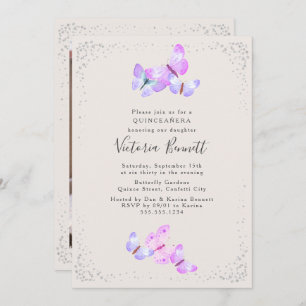 Watercolor Butterflies Portrait Photo Quinceanera Invitation